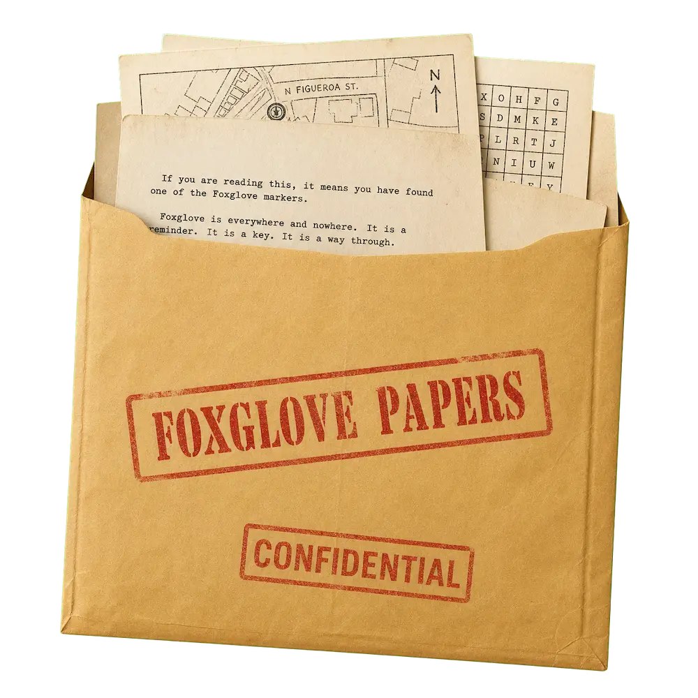 A manila folder labeled “The Foxglove Papers – Confidential” with papers sticking out.