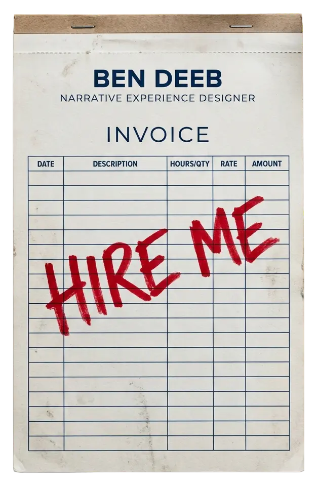 An invoice pad with “HIRE ME” scrawled across it in red marker.