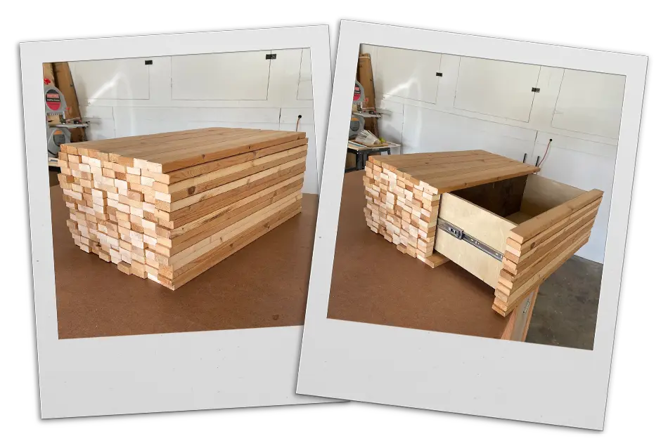 Two Polaroid photos. A stack of lumber, and the same stack of lumber opened up into a drawer.