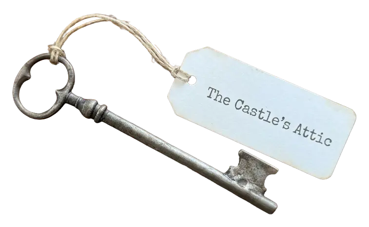 A paper note labeled “The Castle’s Attic” attached to a key